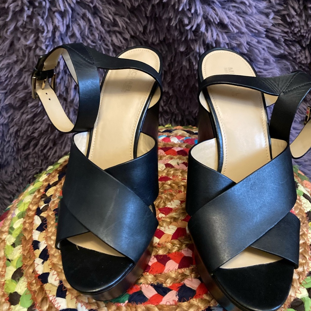 Michael Kors Black Wedge Sandals with Crisscross Straps